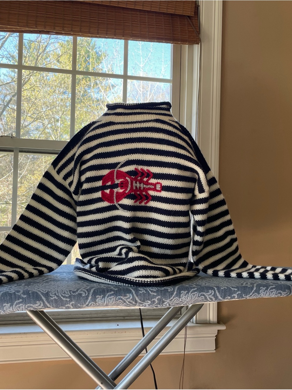 Navy & White Striped Crewneck Sweater with Red Lobster Accent